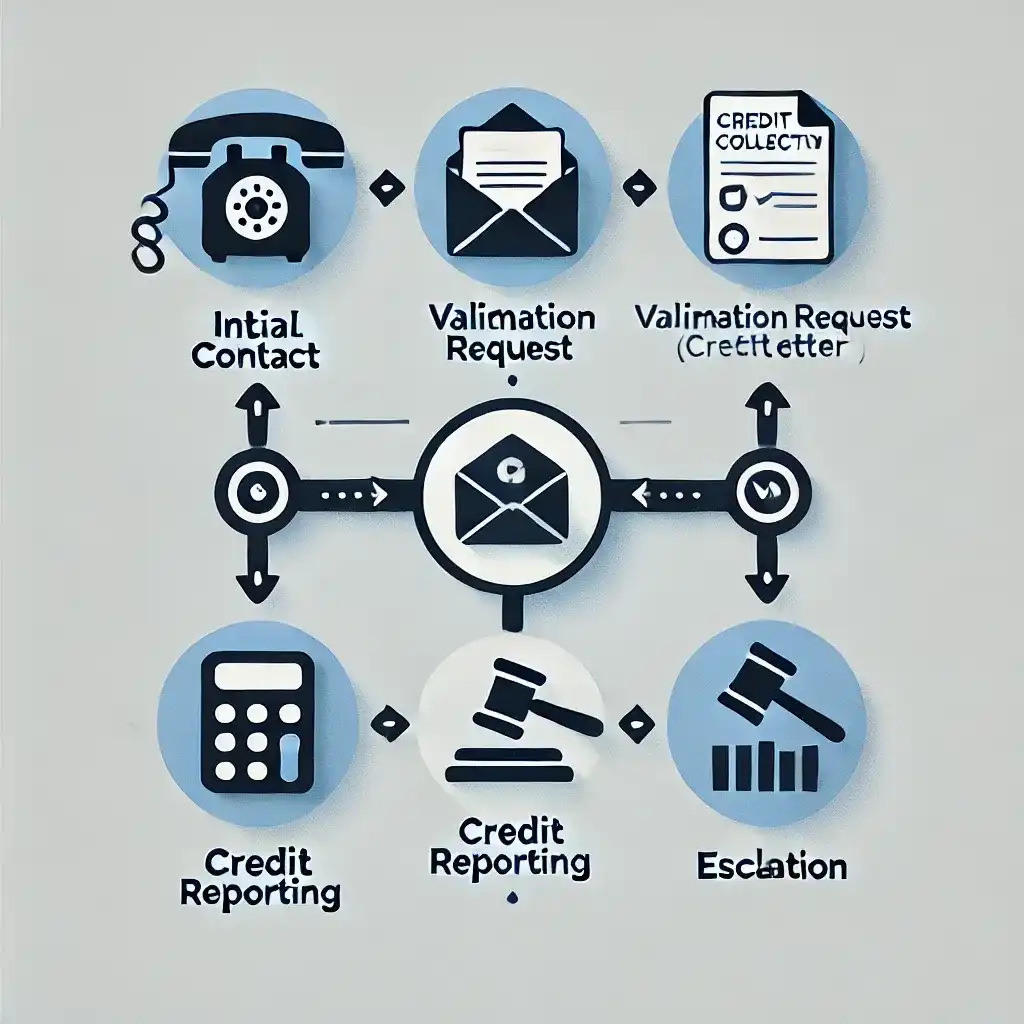 Flowchart showing Genesis Credit Management’s debt collection steps, from initial contact to credit reporting.