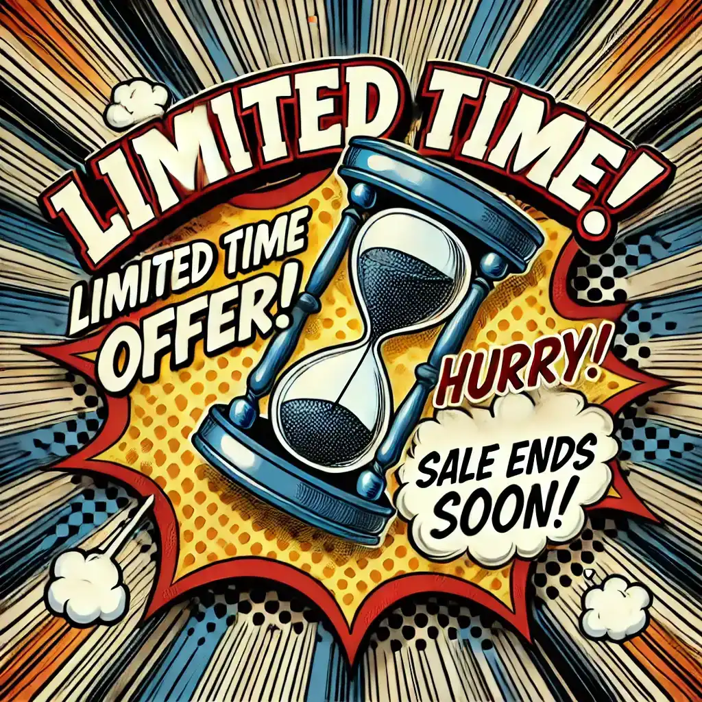 Vintage comic-style illustration of a "Limited Time Offer" with a countdown timer hourglass, bold typography, and an urgent sale message.