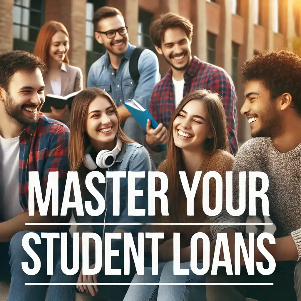 featuring a group of students discussing finances with the text "Master Your Student Loans