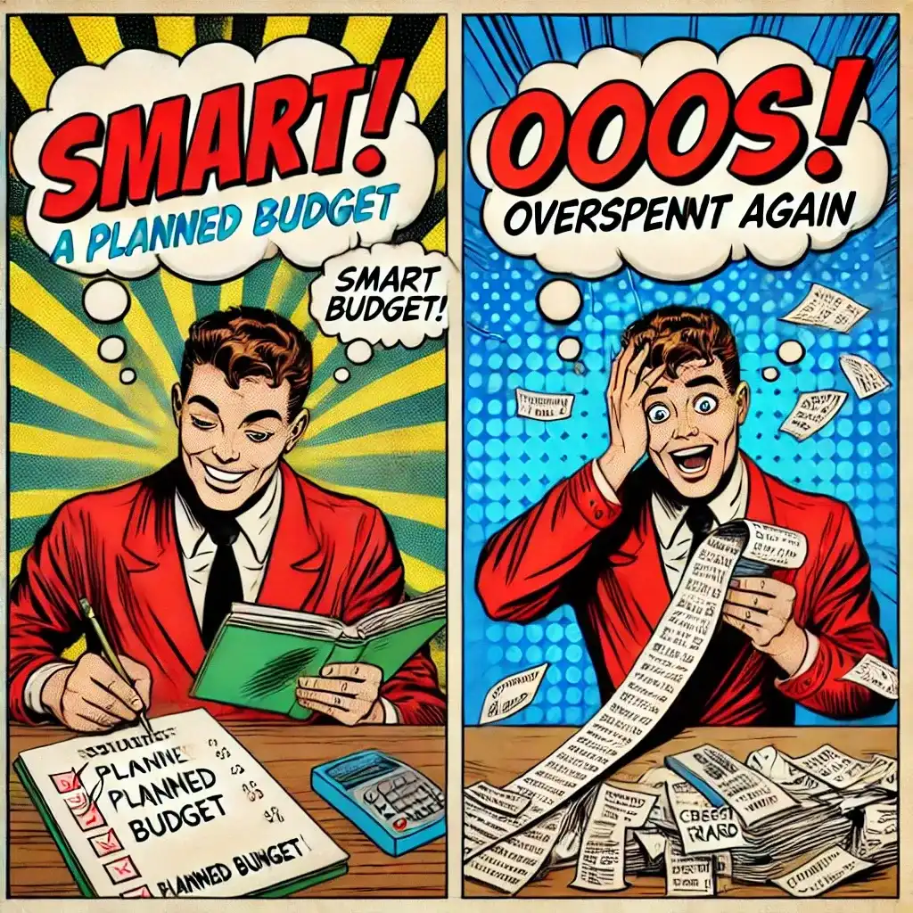 Vintage comic-style illustration comparing a planned budget vs. overspending due to impulse buying. The left side shows a man confidently managing a budget, while the right side depicts him overwhelmed by receipts.