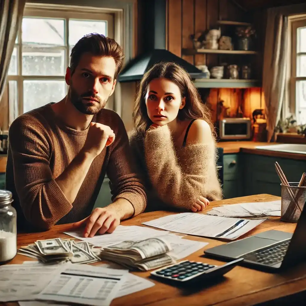 Couple in Maine reviewing bills at kitchen table with snow outside, symbolizing financial stress in marriage.