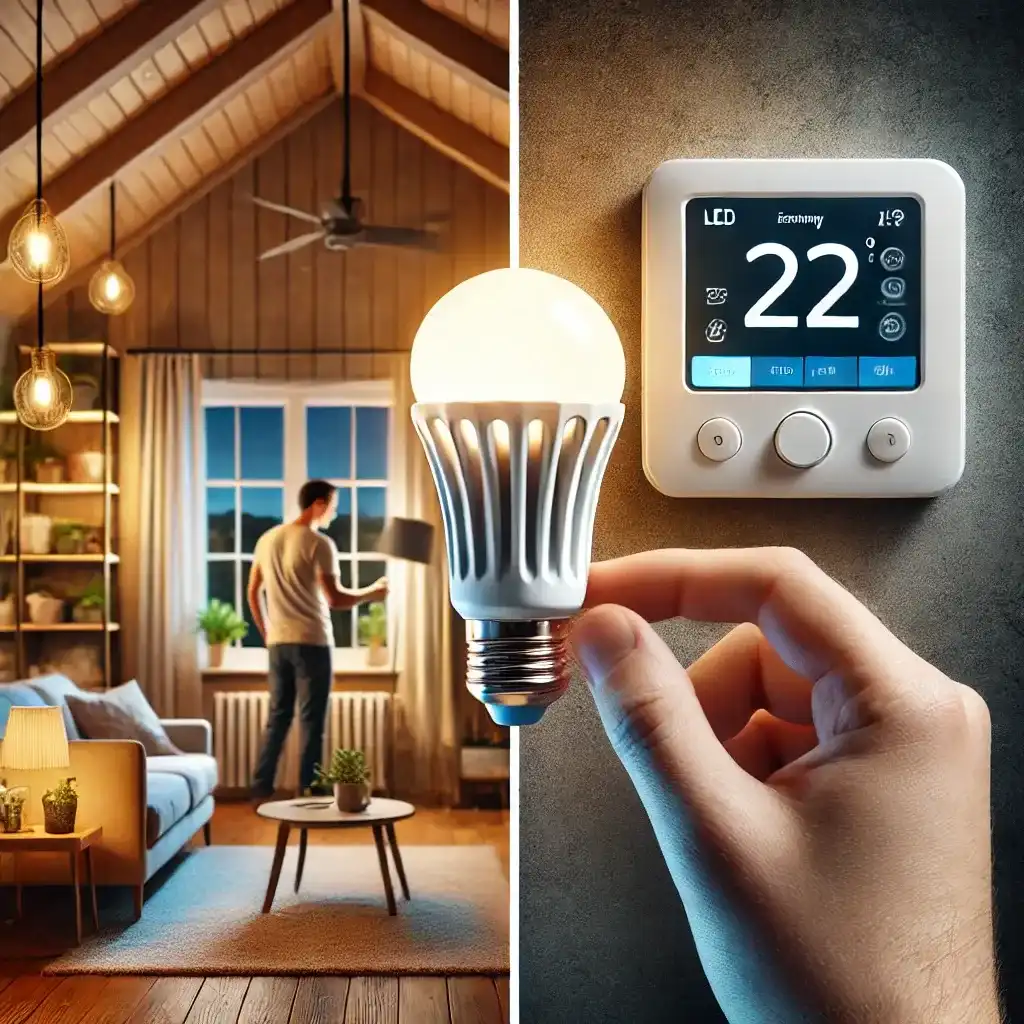 Maine, USA homeowner upgrading to LED bulbs and a programmable thermostat for energy savings.