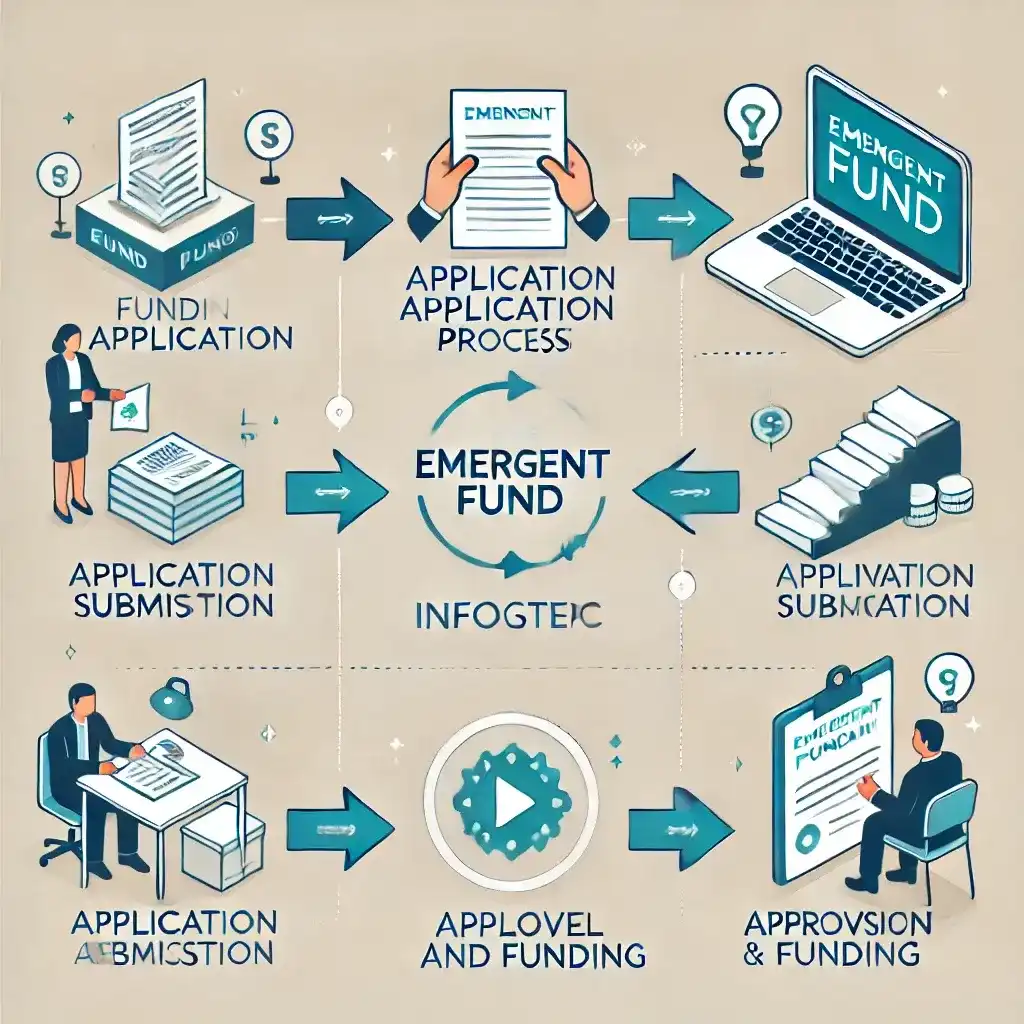 A clean and professional step-by-step infographic explaining the funding application process for the Emergent Fund.