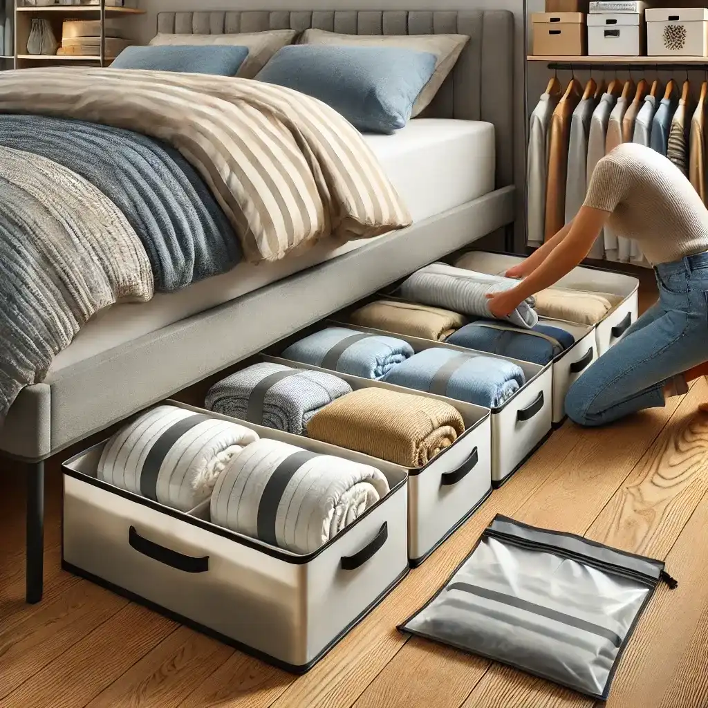 Smart under-bed storage with rolling bins and vacuum-sealed bags for clothes and bedding.