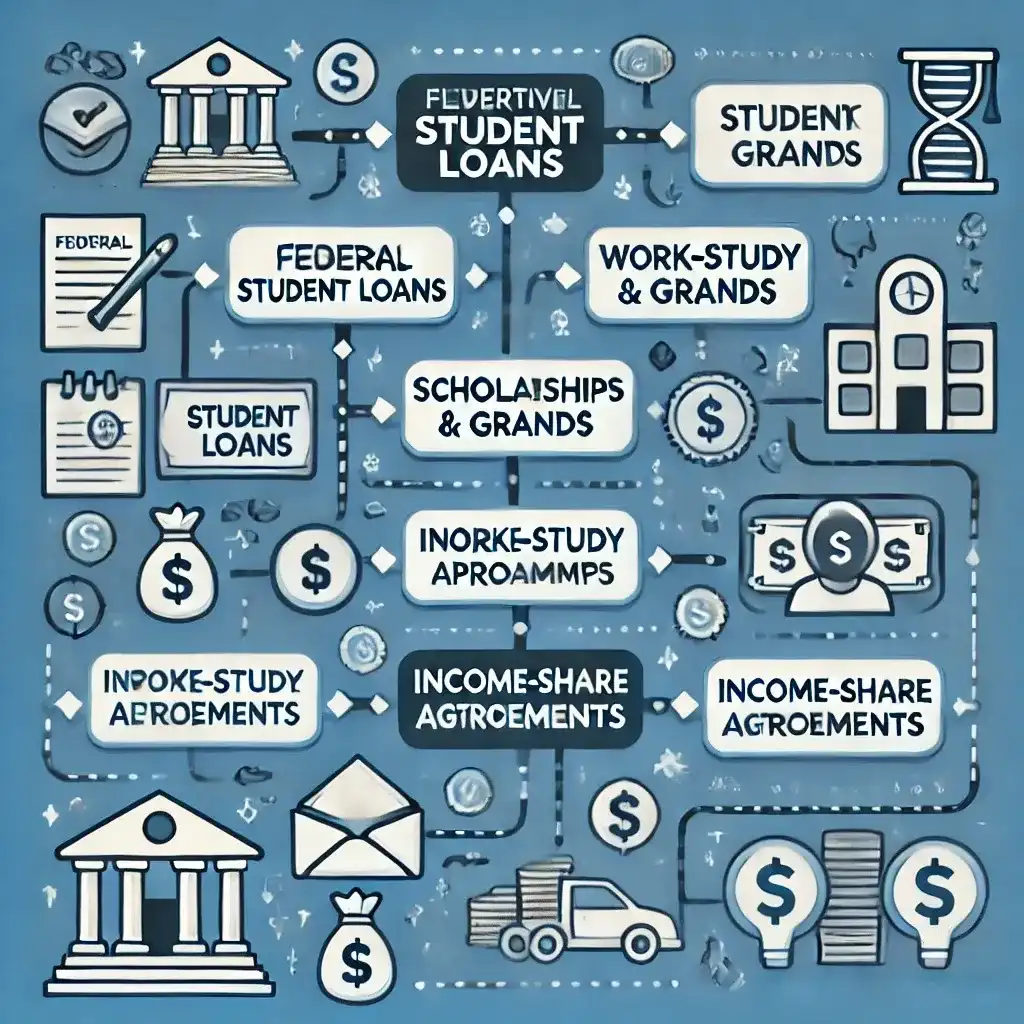 A clear and visually appealing flowchart illustrating alternative funding options to Achieve Student Loans, including scholarships, work-study programs, and private lenders."