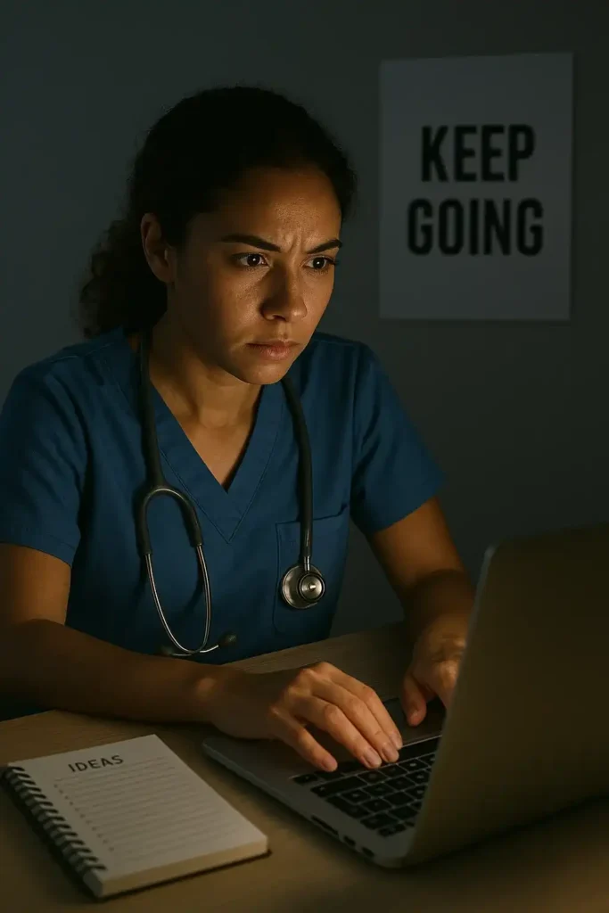 Nurse overcoming passive income challenges at night.
