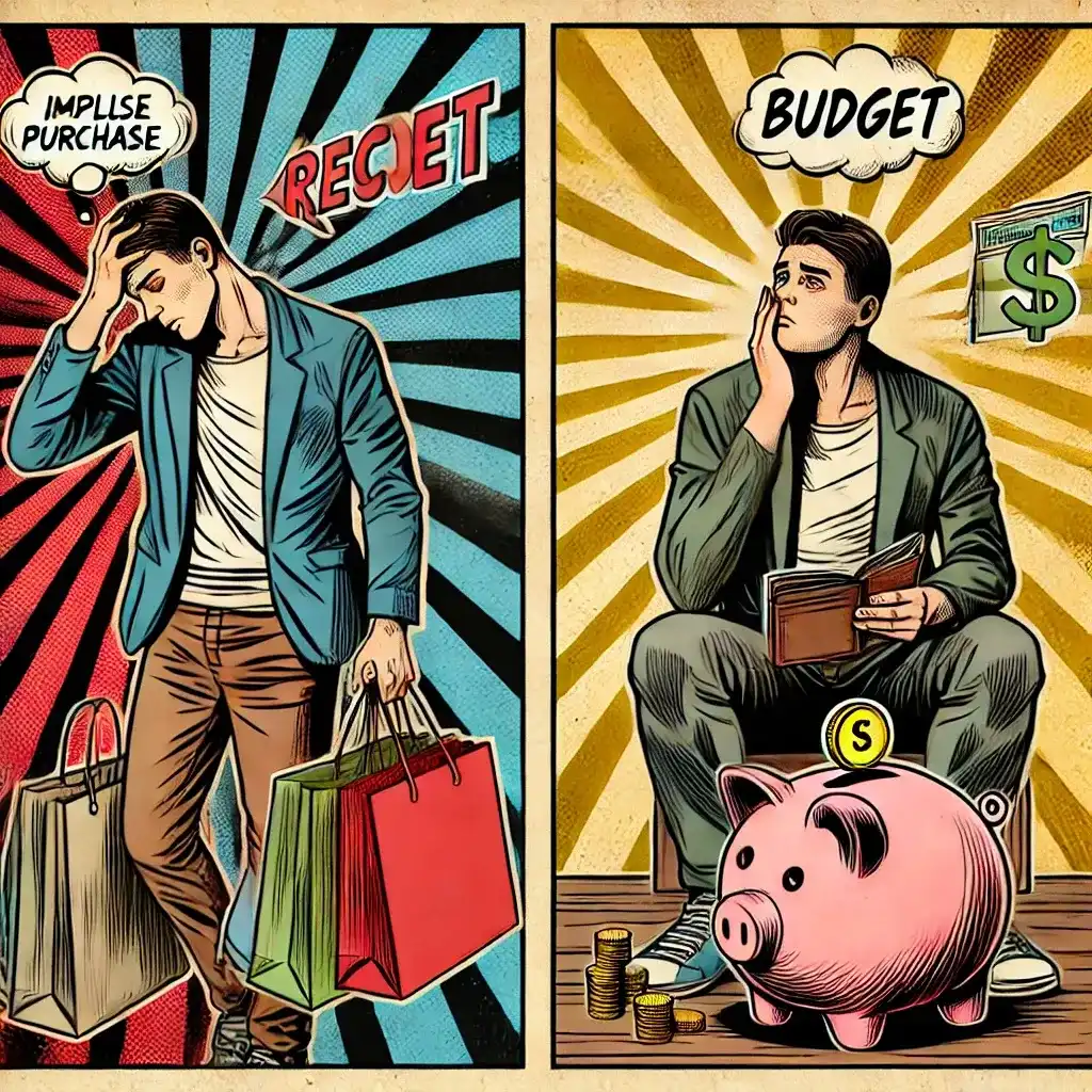 A vintage comic-style illustration of a "No-Buy Challenge" calendar with crossed-out shopping days. A happy man in a suit holds a piggy bank, celebrating a savings milestone.