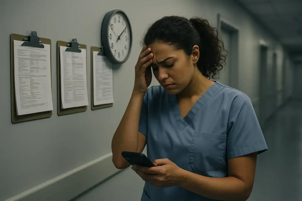 Stressed nurse in hospital hallway showing burnout and overwork