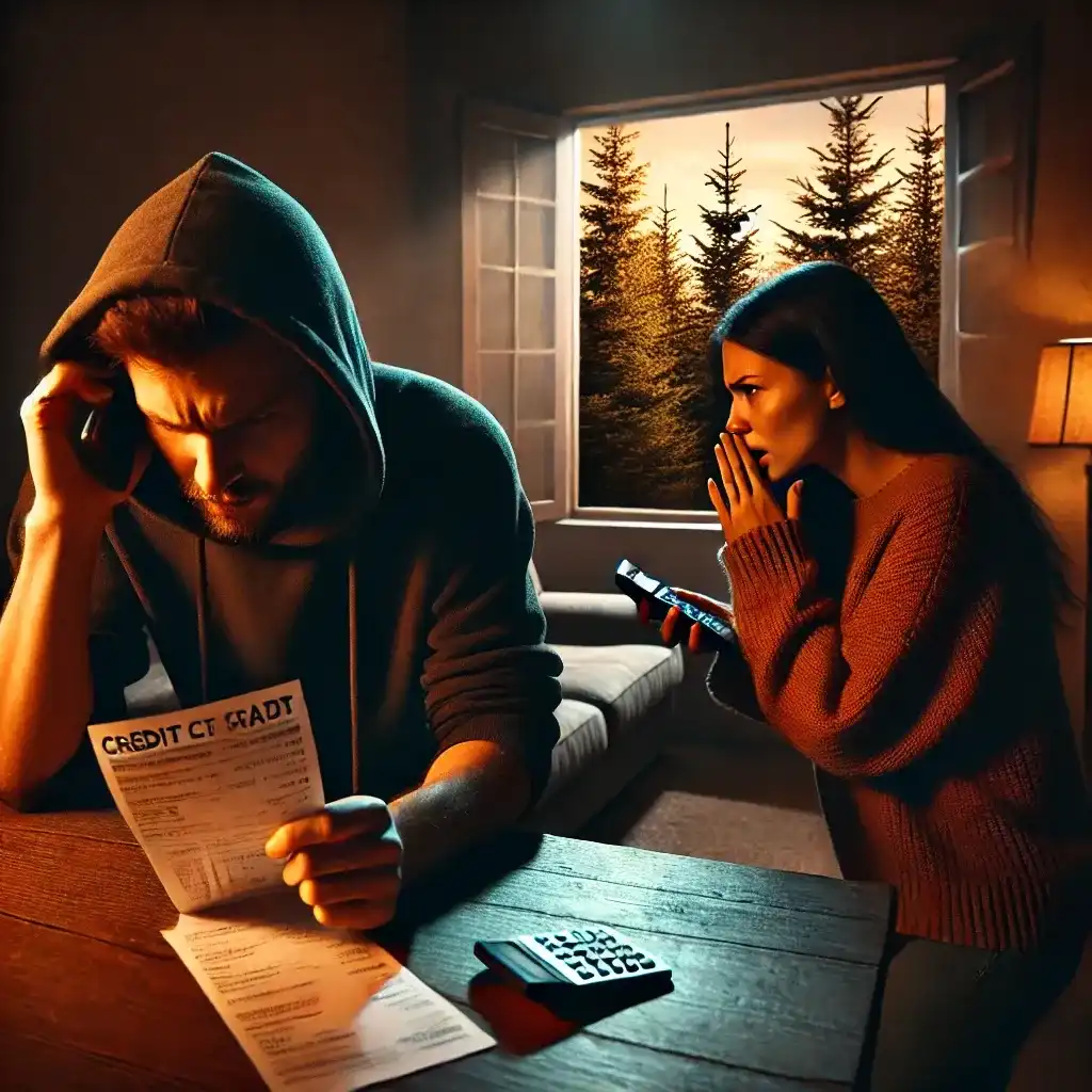 Couple arguing over hidden credit card statement in a Maine home, highlighting financial infidelity signs.