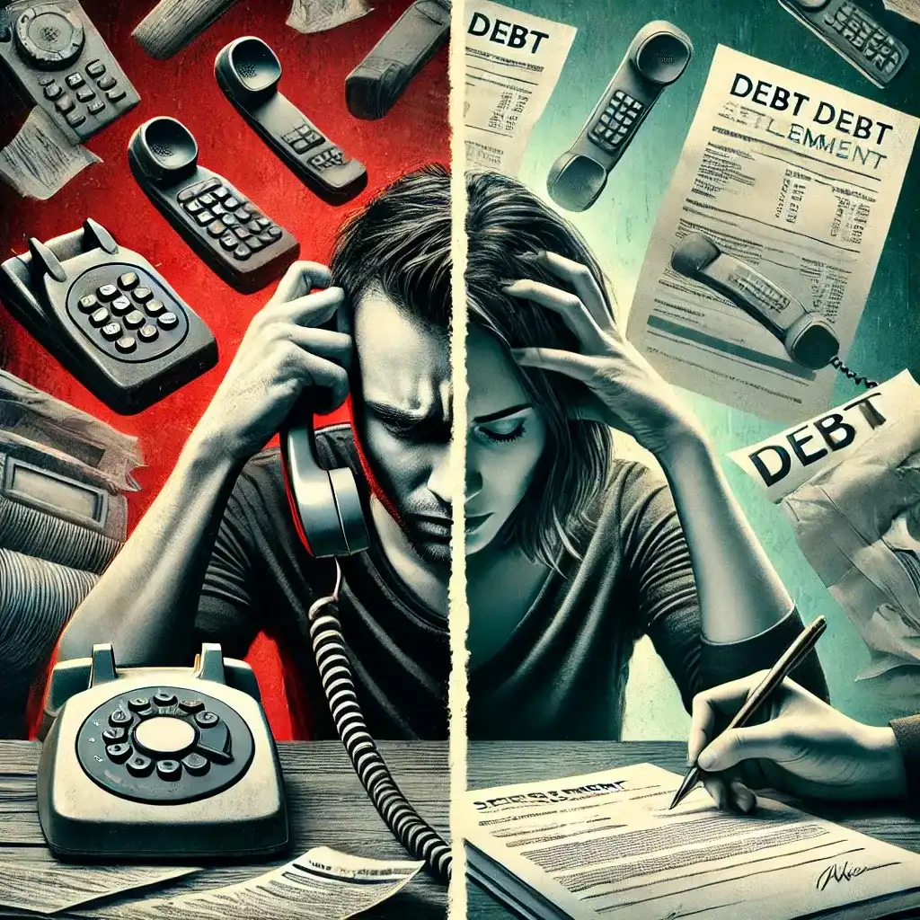 Split image showing a stressed person on the phone on one side and a relieved person signing a settlement on the other, depicting Genesis Credit Management’s mixed reputation.