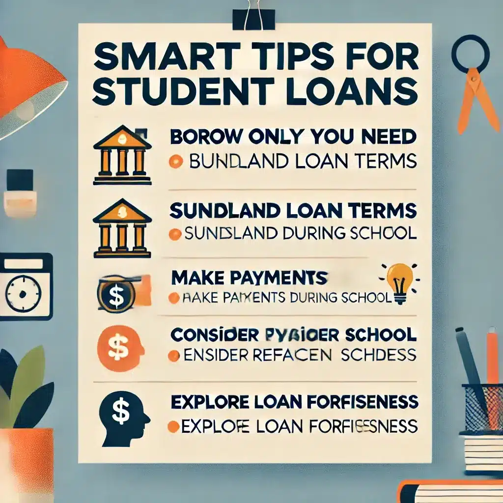 A motivational list-style visual illustrating smart tips for managing student loans effectively.
