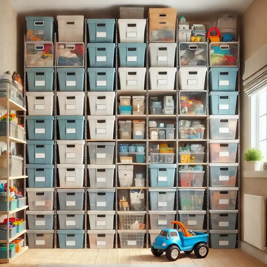 A well-organized garage or closet featuring stackable storage bins neatly arranged to maximize vertical space. The bins are labeled for easy identification, showcasing an efficient and cost-effective