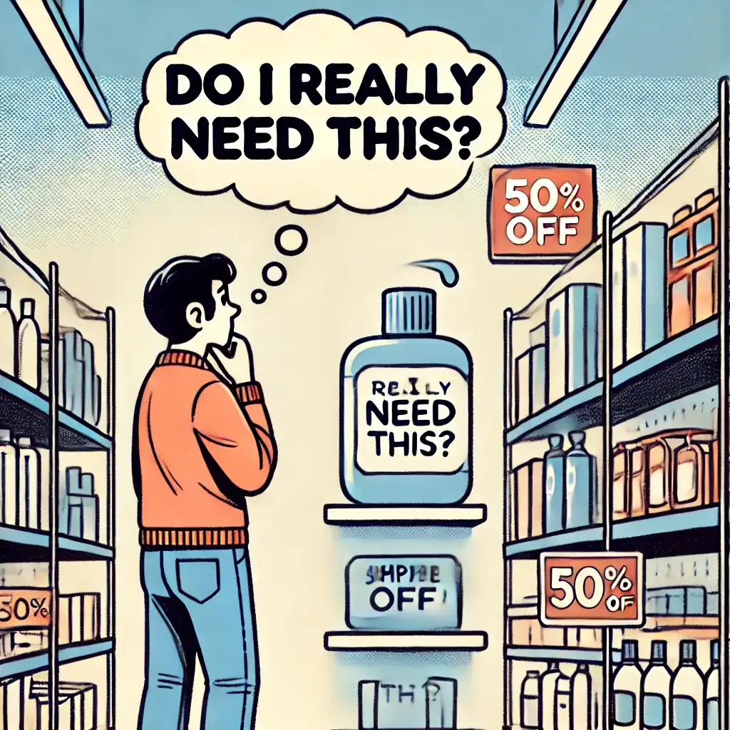 A vintage comic-style illustration of a person standing in a store aisle, looking at a product with a thoughtful expression. A thought bubble above their head says, "Do I really need this?" with discount signs around.