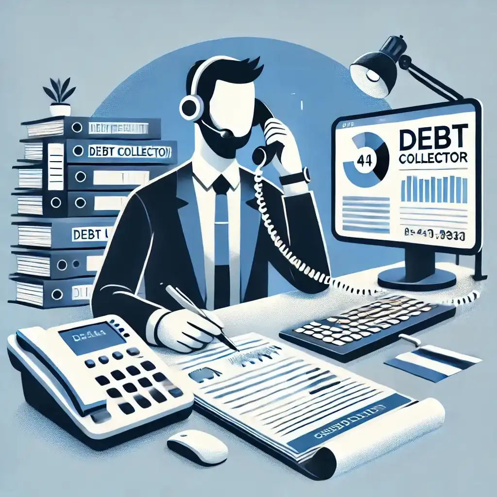 Illustration of a debt collector at a desk with a phone and credit report, representing Genesis Credit Management’s operations