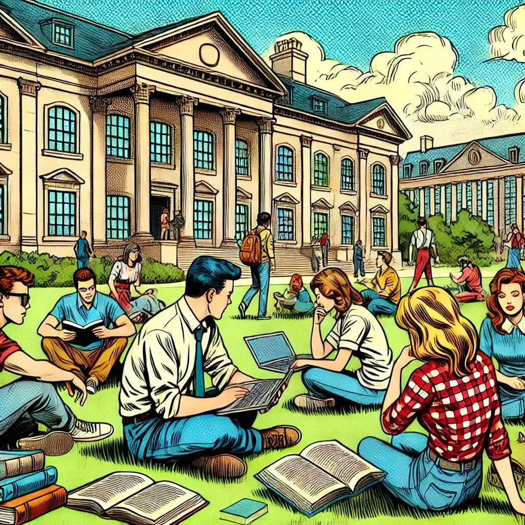 Vintage comic-style university campus with students studying outdoors, engaging in discussions with books and laptops