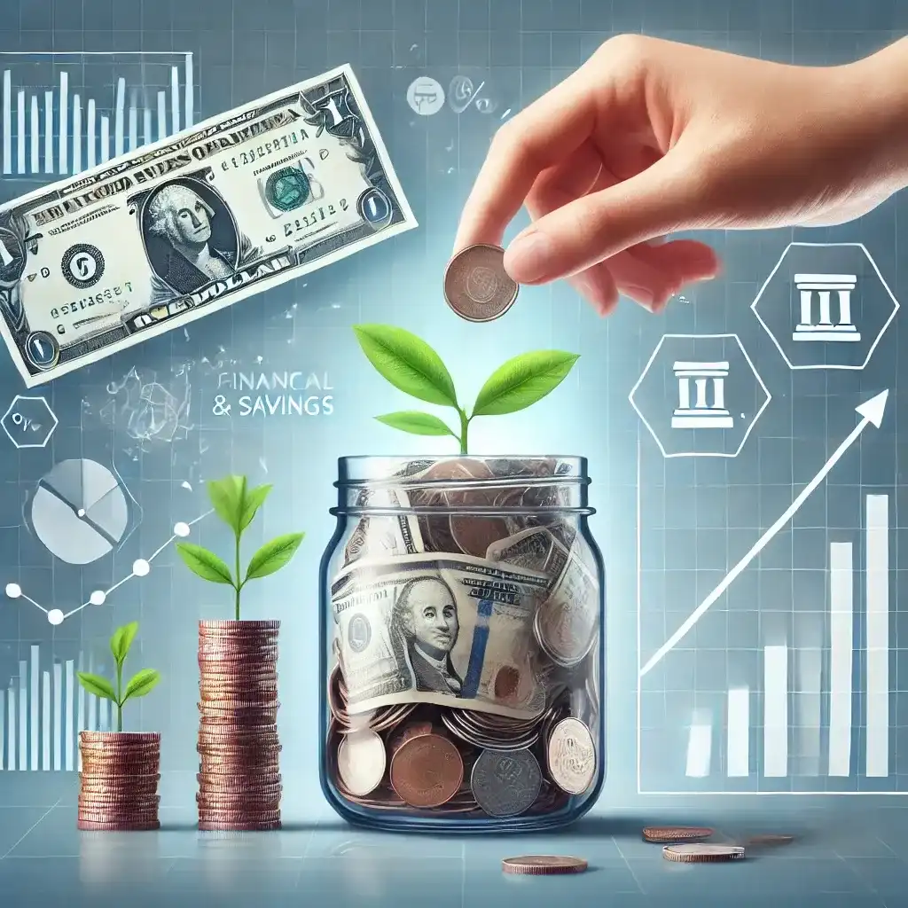 savings jar with coins and a growing plant, representing financial growth and investment.