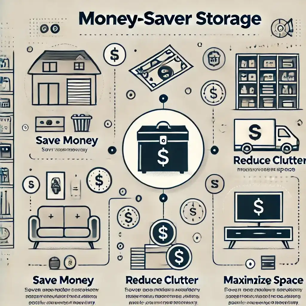 Infographic highlighting the benefits of money-saver storage, including cost savings, reduced clutter, and maximized space with a clean, organized design.