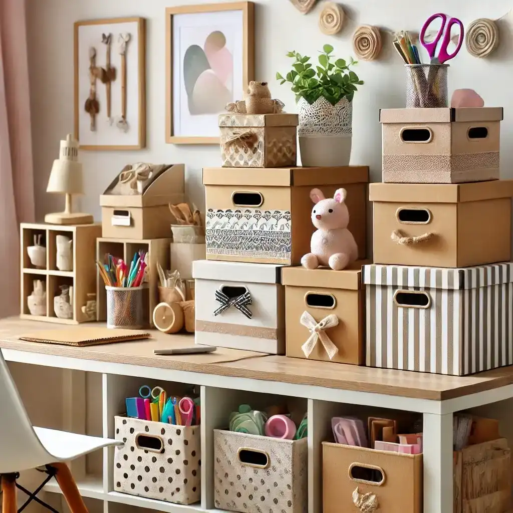 ALT Text: A DIY storage setup featuring stylish handmade storage boxes created using cardboard, fabric, and glue, perfect for office supplies and kids’ toys.