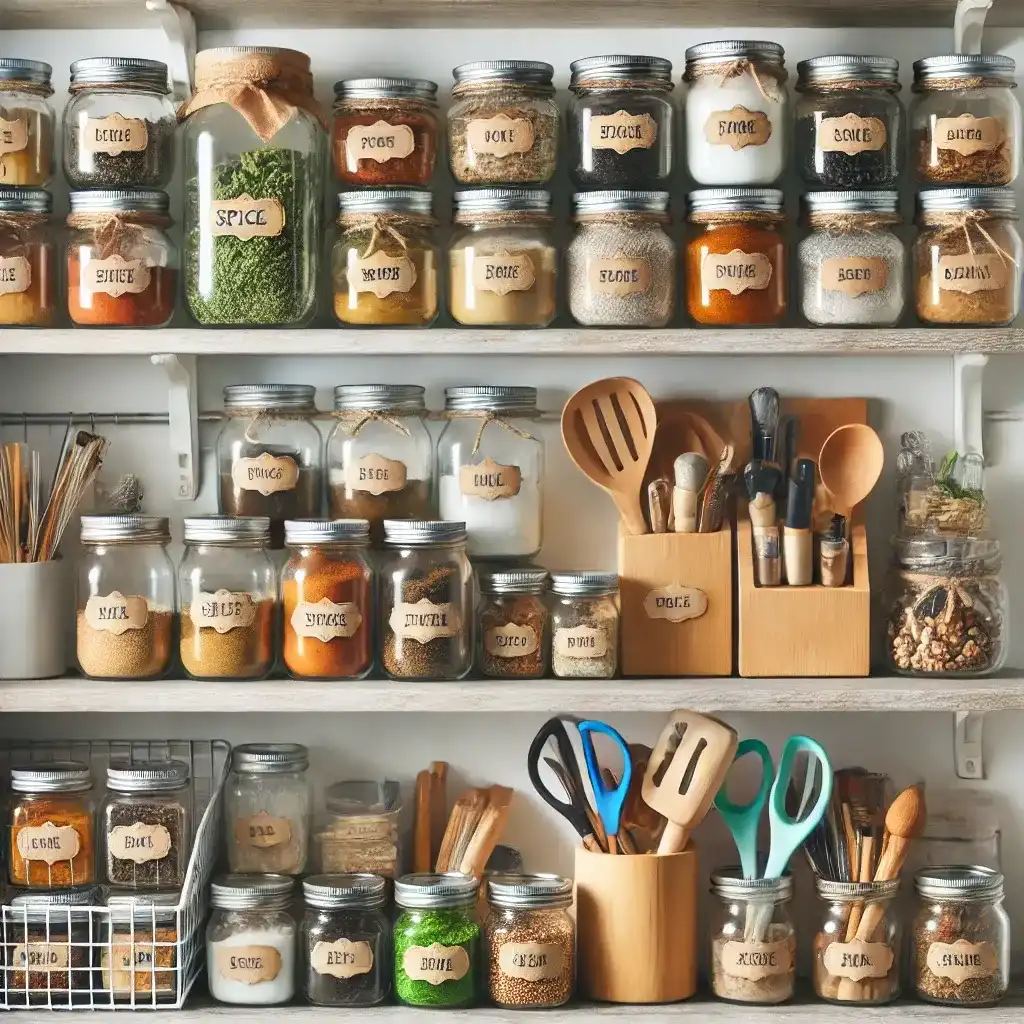 A well-organized kitchen or craft space featuring repurposed mason jars neatly storing spices, small accessories, and household essentials.