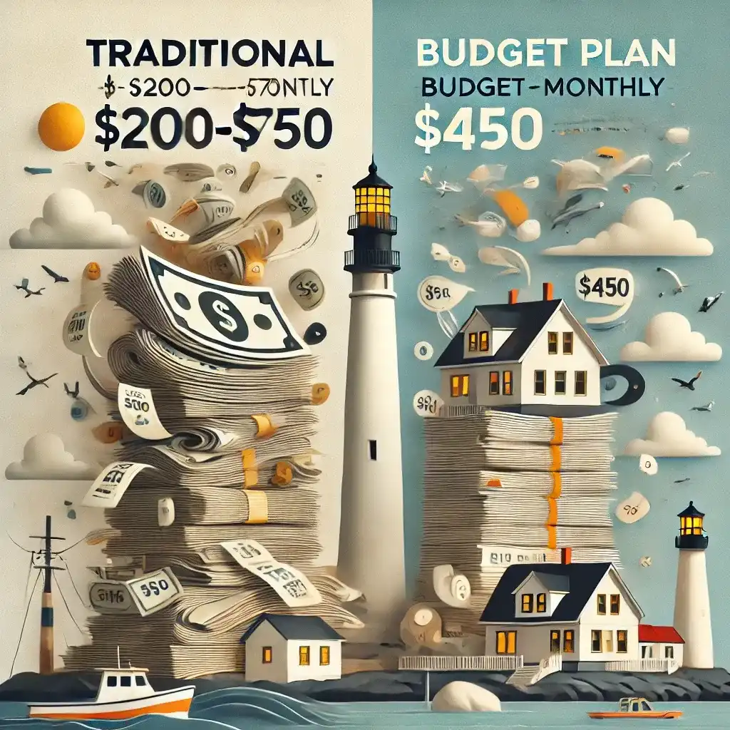 Infographic comparing chaotic traditional energy bills to neat budget plan payments for Maine, USA households.