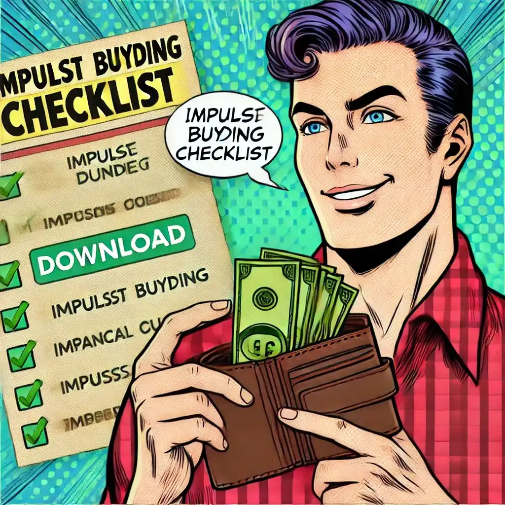 A vintage comic-style illustration of a confident person holding a wallet filled with money, symbolizing financial control. In the background, there's an "Impulse Buying Checklist" with a "Download" button. The scene is colorful with classic comic book halftone textures.