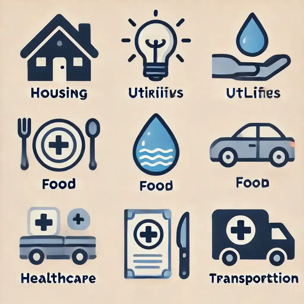 Minimalistic icons for essential expenses, including a house for housing, a light bulb and water droplet for utilities, a plate with fork and knife for food, a stethoscope or medical cross for healthcare, and a car and bus for transportation