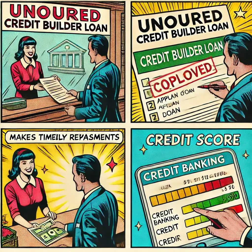 A vintage comic-style step-by-step illustration depicting the unsecured credit builder loan process in four stages: loan application, approval, repayments, and credit score improvement.