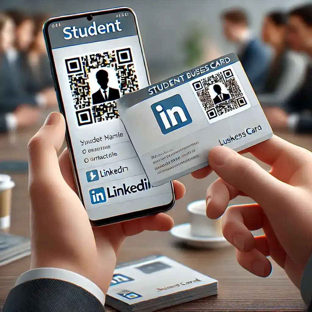 student business card with a QR code being scanned by a smartphone, displaying a LinkedIn profile. The background shows a blurred professional networking