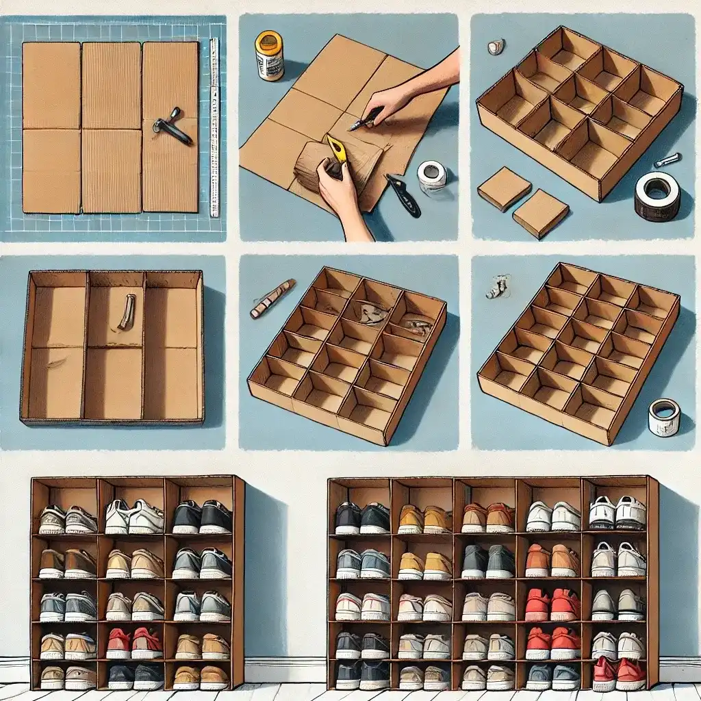 A step-by-step visual guide for creating a DIY shoe organizer using cardboard, showcasing the assembly process and final product.