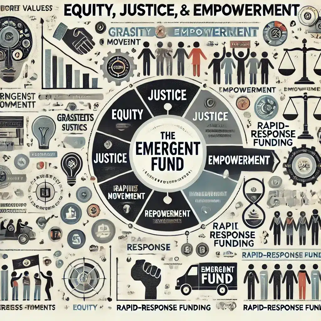 A professional infographic showcasing the core values of the Emergent Fund, highlighting equity, justice, empowerment, and rapid-response funding with icons representing grassroots movements, financial support, and marginalized communities.