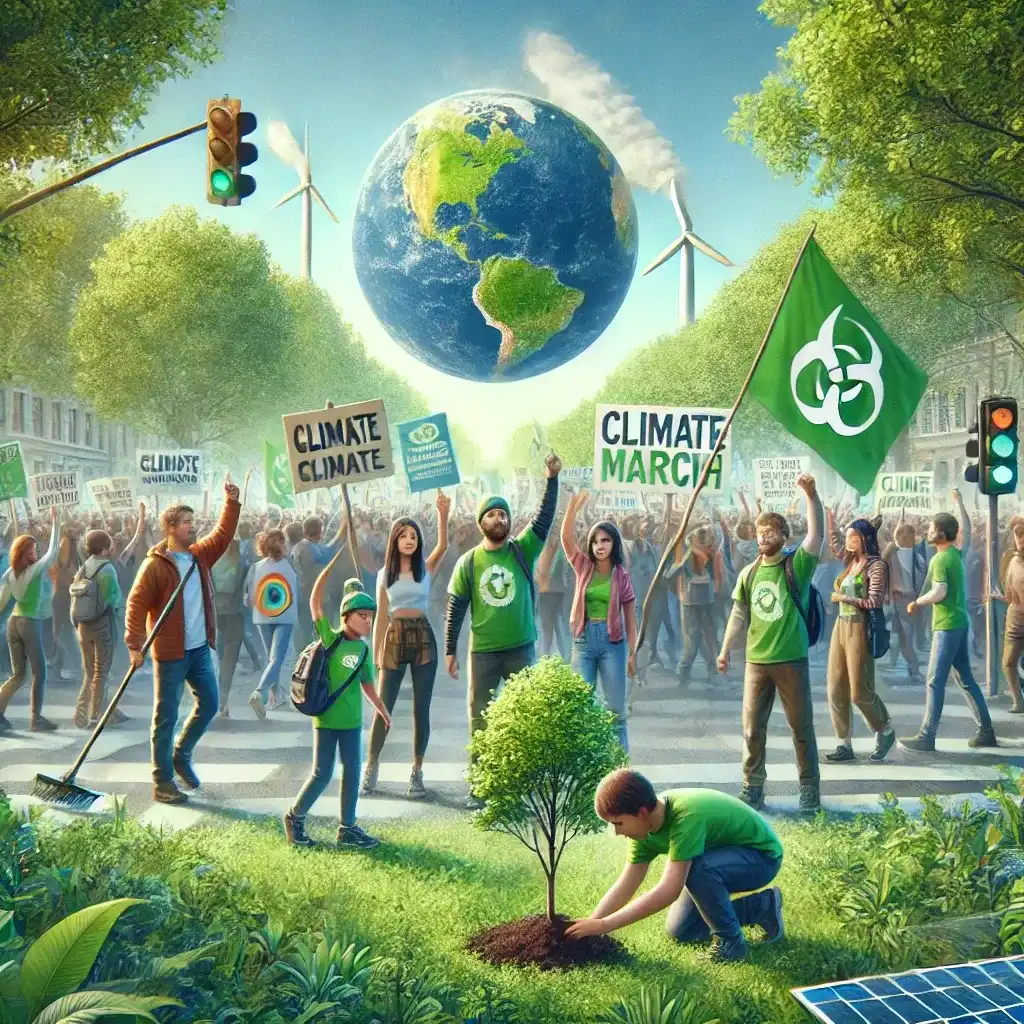 A digital painting of a climate march featuring activists holding banners for environmental protection while planting trees.