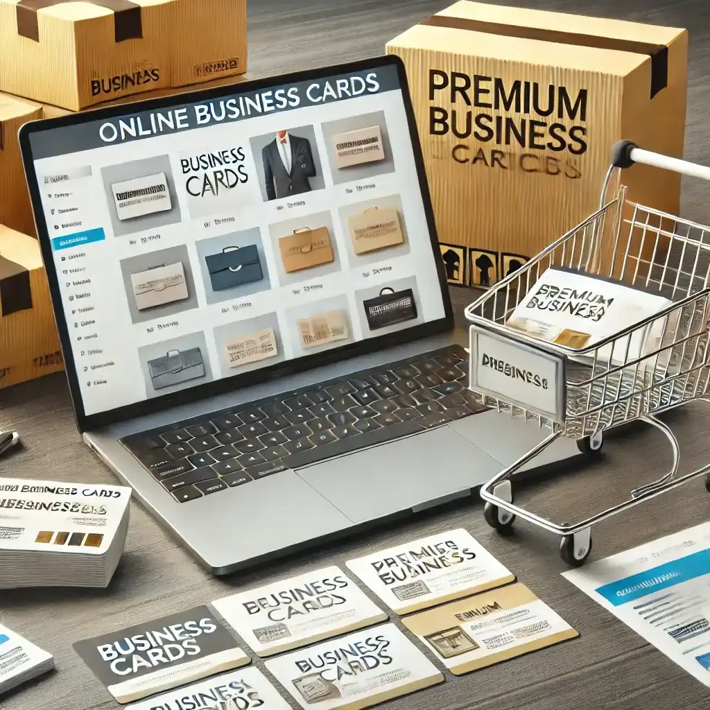 A realistic digital image of an online business card printing service, featuring a laptop displaying various customizable card templates. A small shopping cart filled with business cards sits nearby, with a package labeled 'Premium Business Cards' in the background.