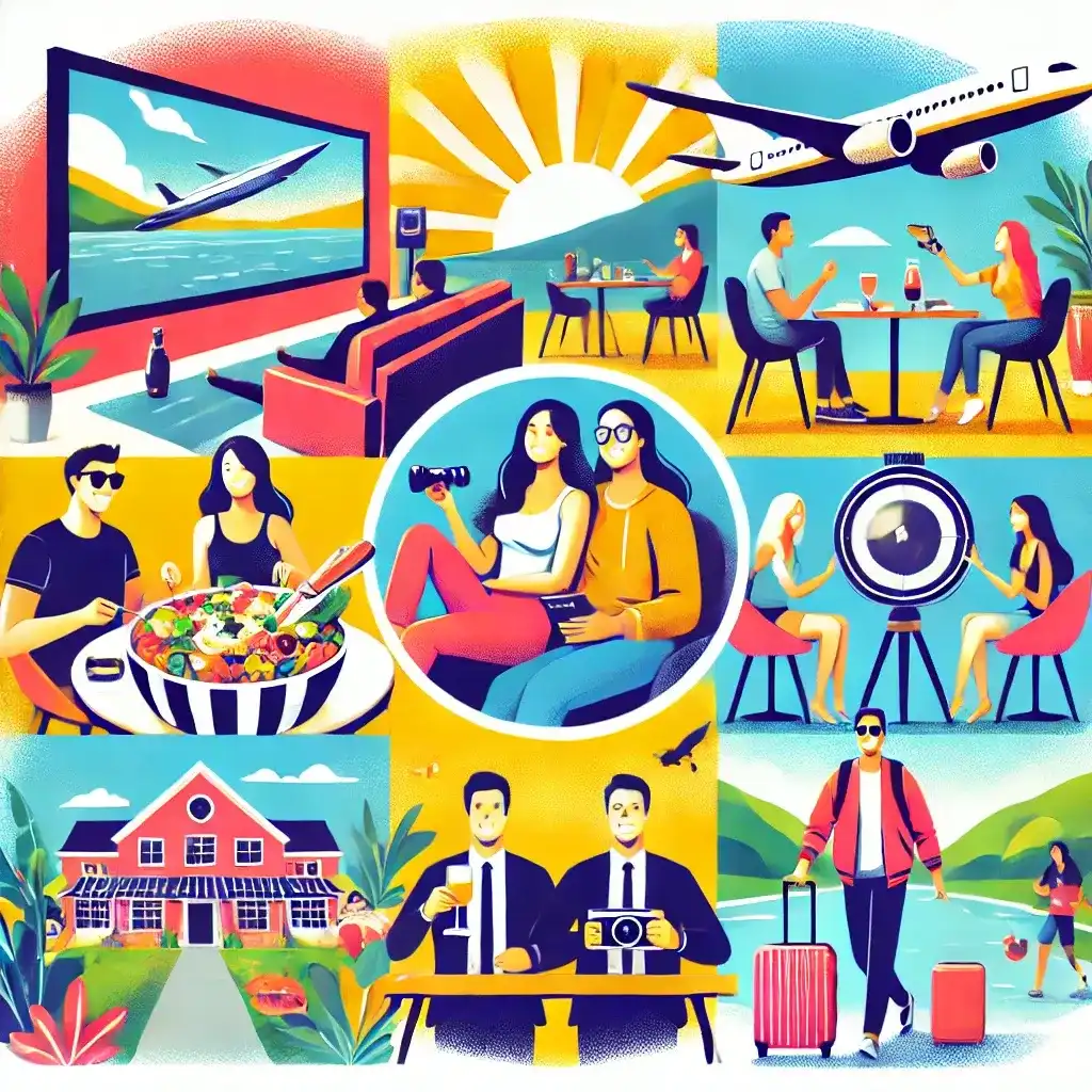 A vibrant and engaging lifestyle illustration representing discretionary spending, featuring a couple watching a movie, friends dining out, and a traveler exploring a scenic destination.
