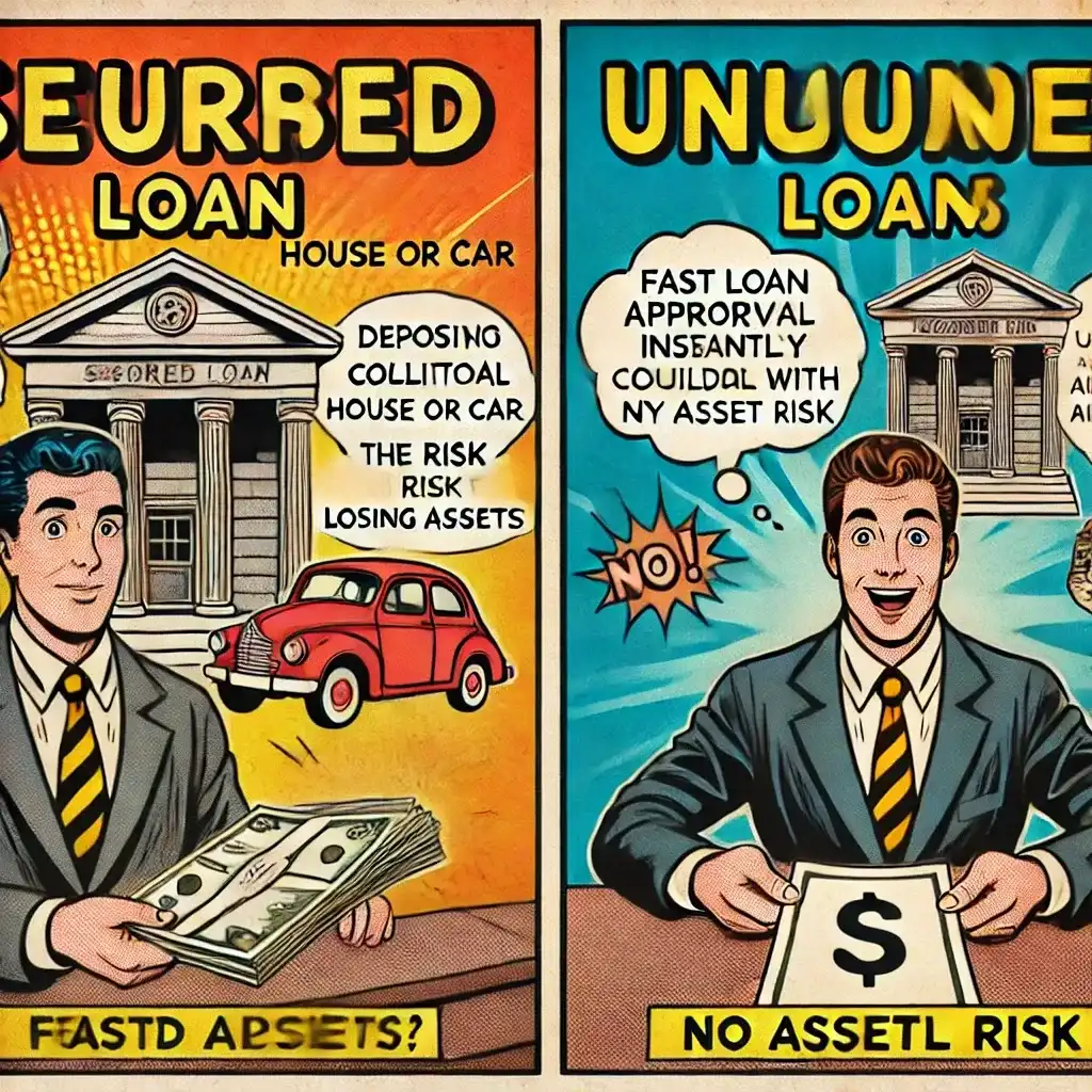 A vintage comic-style infographic comparing secured and unsecured loans. The left side shows a secured loan with collateral deposit and asset risk, while the right side highlights an unsecured loan with no collateral and fast approval.