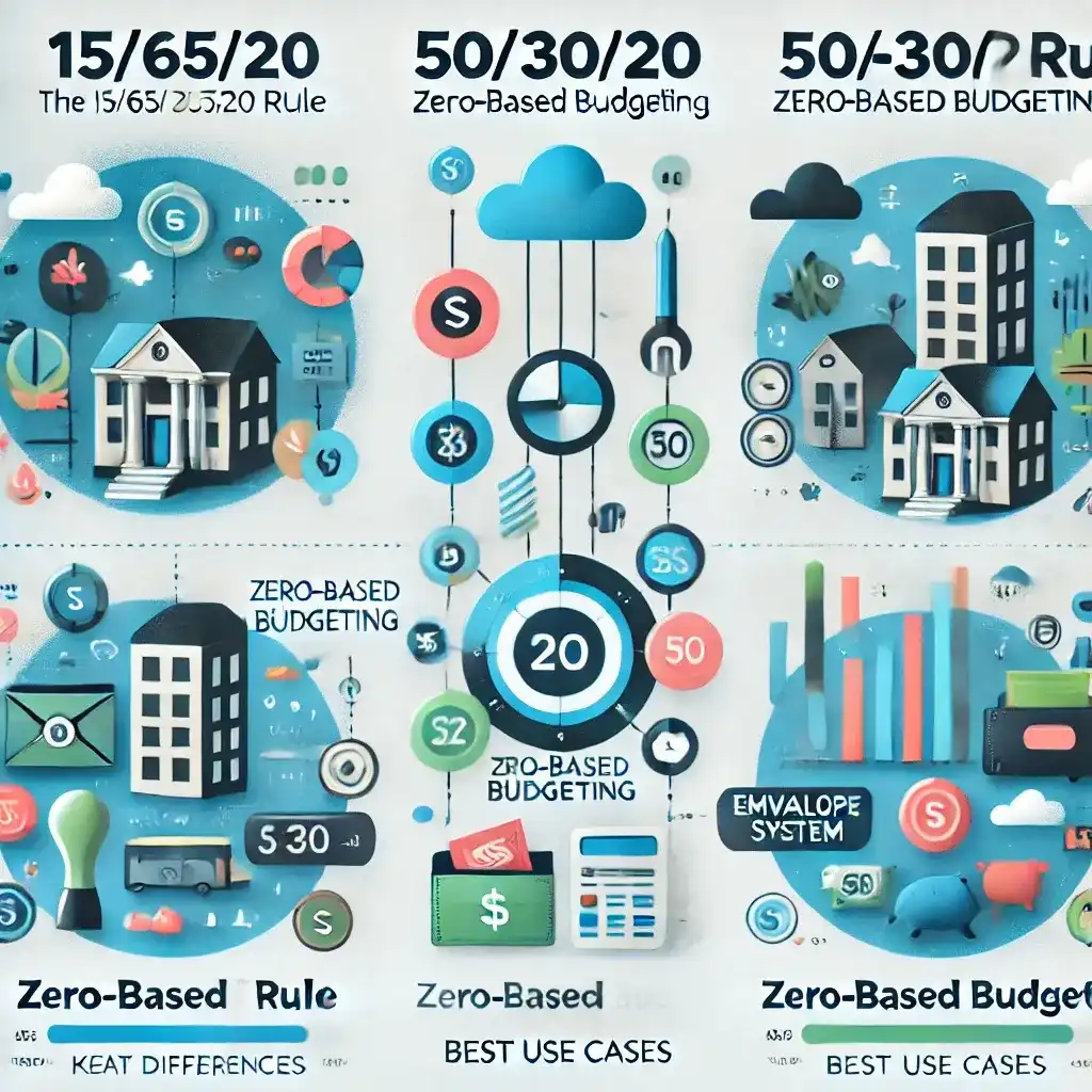 A modern and visually appealing comparison chart showing the differences between the 15/65/20 rule, 50/30/20 rule, zero-based budgeting, and other budgeting methods