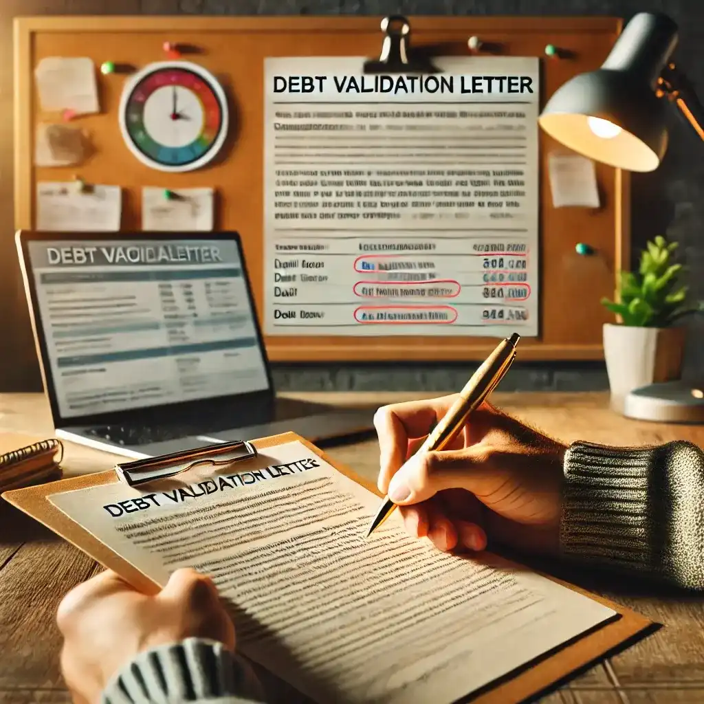 Person writing a debt validation letter with a credit report in the background, showing how to deal with Genesis Credit Management.