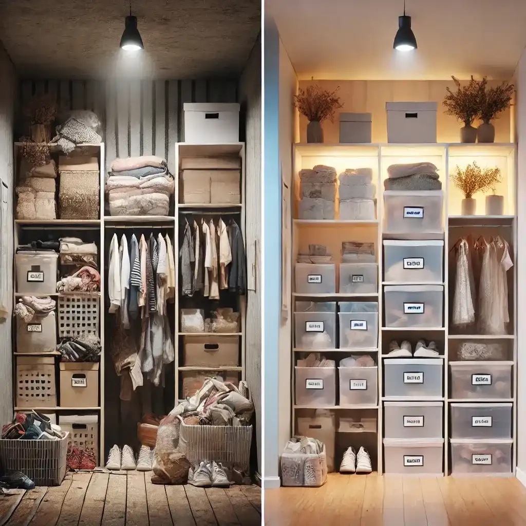 Before-and-after storage transformation: A cluttered, messy room on the left and a neatly organized, space-efficient storage solution on the right with labeled bins and vertical shelves.