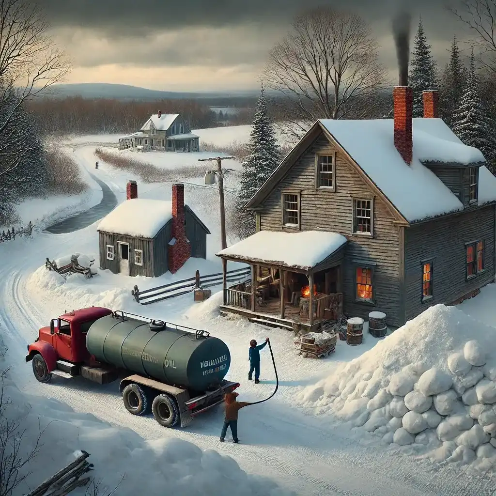 Rural Maine farmhouse in winter with heating oil delivery, highlighting energy challenges in Maine, USA.