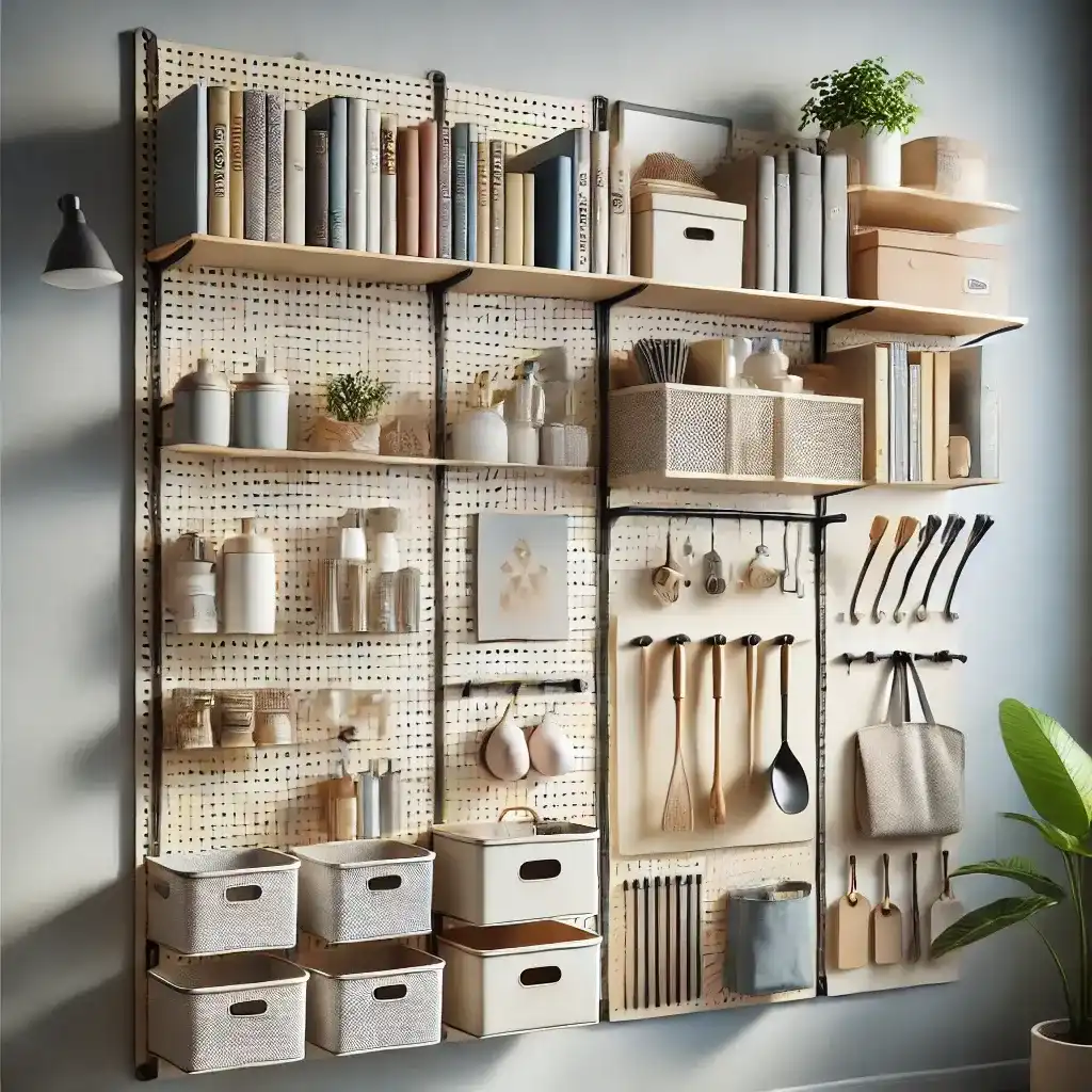 A modern vertical storage solution with wall-mounted shelves and a pegboard, featuring neatly arranged books, storage bins, and hanging kitchen utensils.