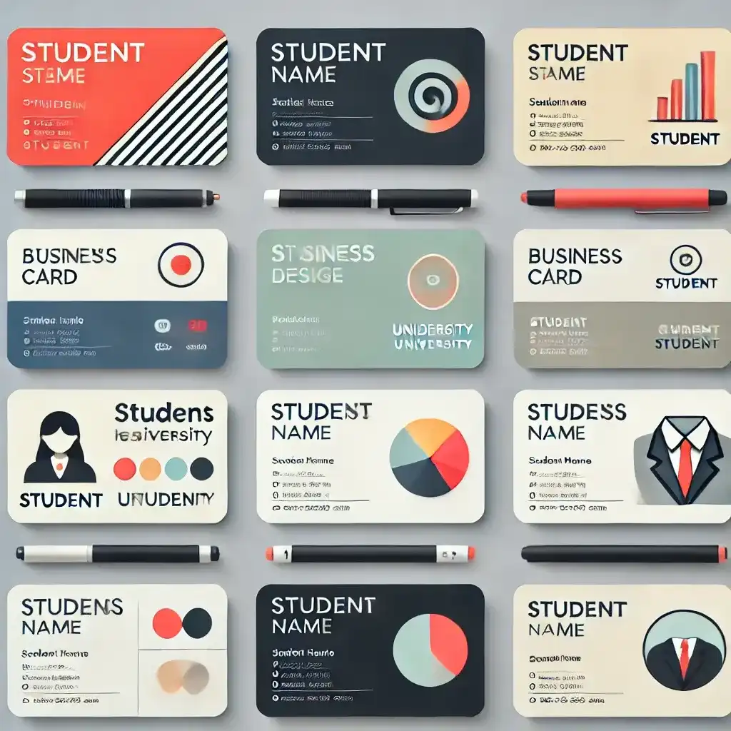 set of different business card designs suitable for students, featuring minimalistic, creative, and professional styles.