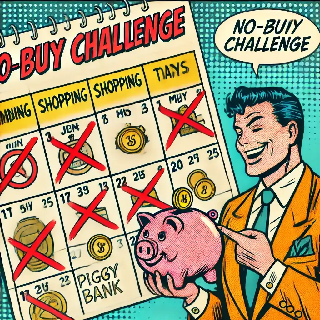 A vintage comic-style illustration of a "No-Buy Challenge" calendar with crossed-out shopping days. A happy man in a suit holds a piggy bank, celebrating a savings milestone.