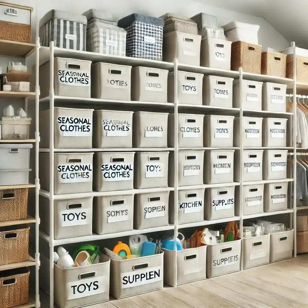 A neatly organized storage space with labeled bins and shelves, categorizing items like seasonal clothes, toys, and kitchen supplies for easy identification.