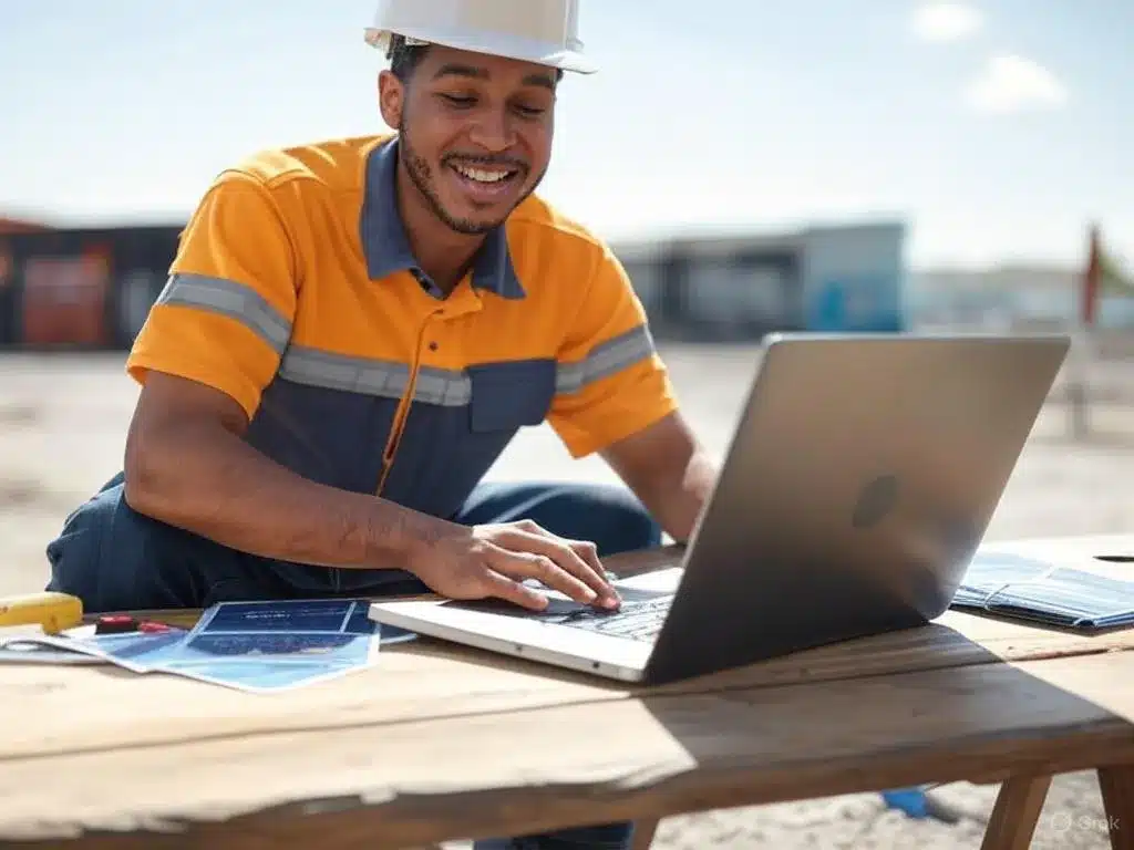 Person setting up Google My Business with toolbox and flyers, preparing to start a blue collar side hustle.