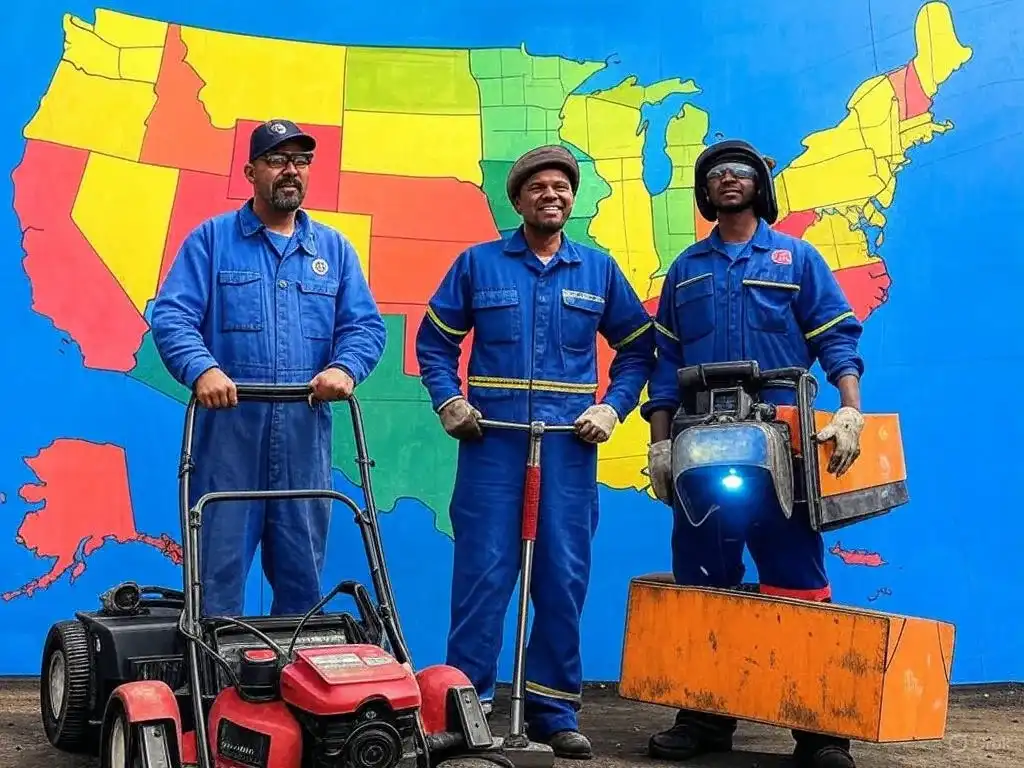 Collage of blue collar side hustles like lawn mowing and welding over USA map, introducing profitable gigs.