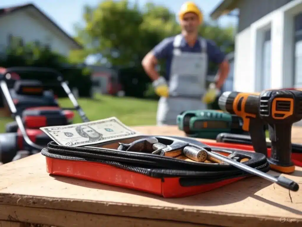 Construction worker with tools in front of house, representing profitable blue collar side hustles.