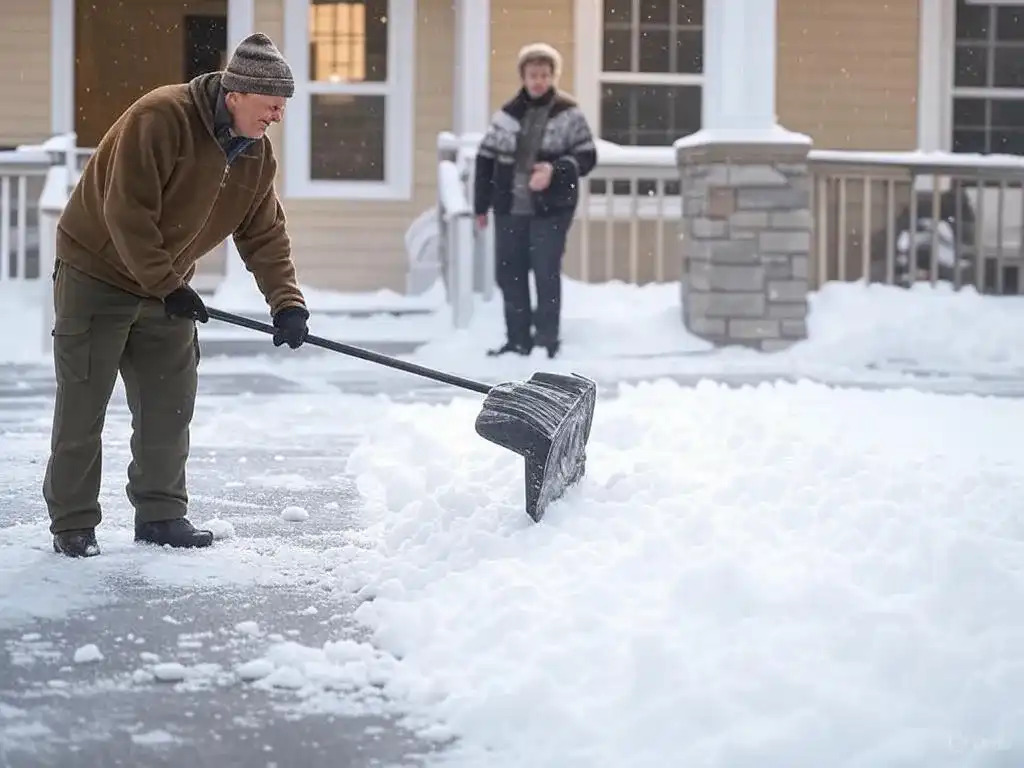 Worker clearing snow from driveway, illustrating high demand for blue collar side hustle services