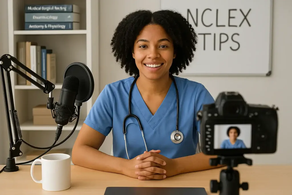 Nurse recording YouTube video for passive income stream.