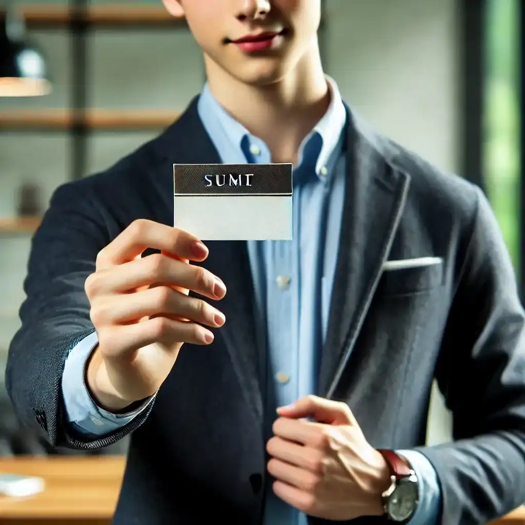A professional-looking student holding a business card, dressed formally and smiling.