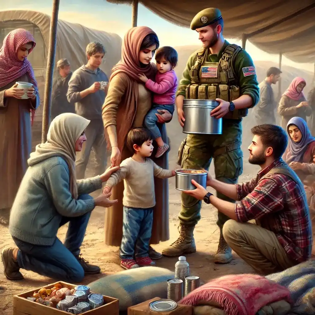 A compassionate scene of a refugee family receiving food, blankets, and supplies from volunteers at a temporary shelter.