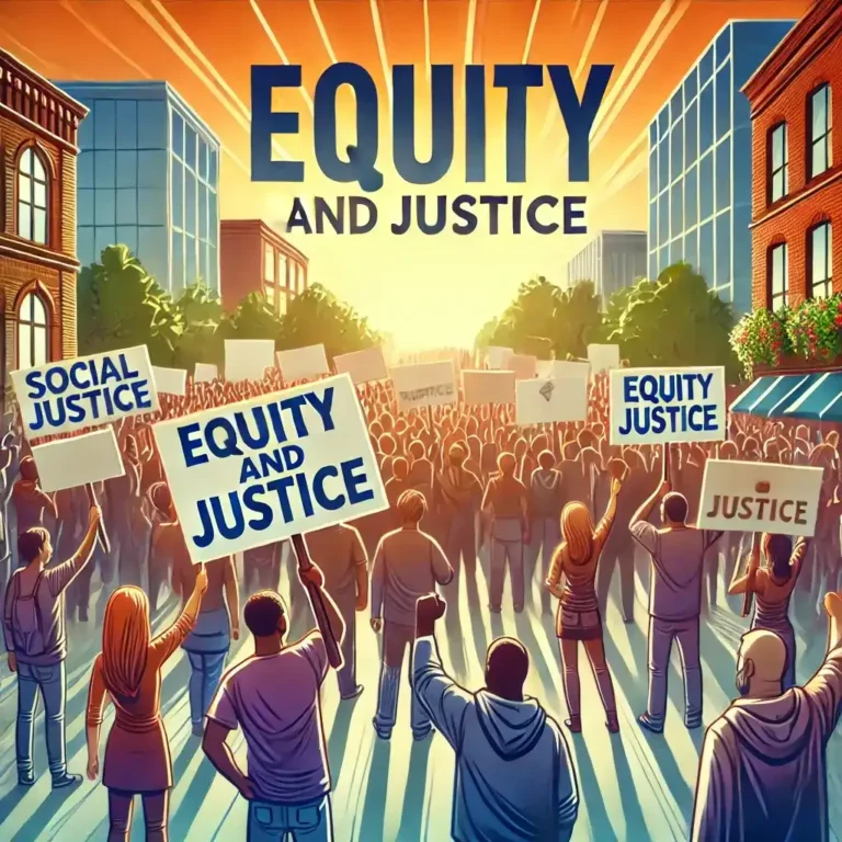 A diverse group of activists peacefully protesting in an urban setting, holding banners and signs advocating for equity, justice, and human rights.